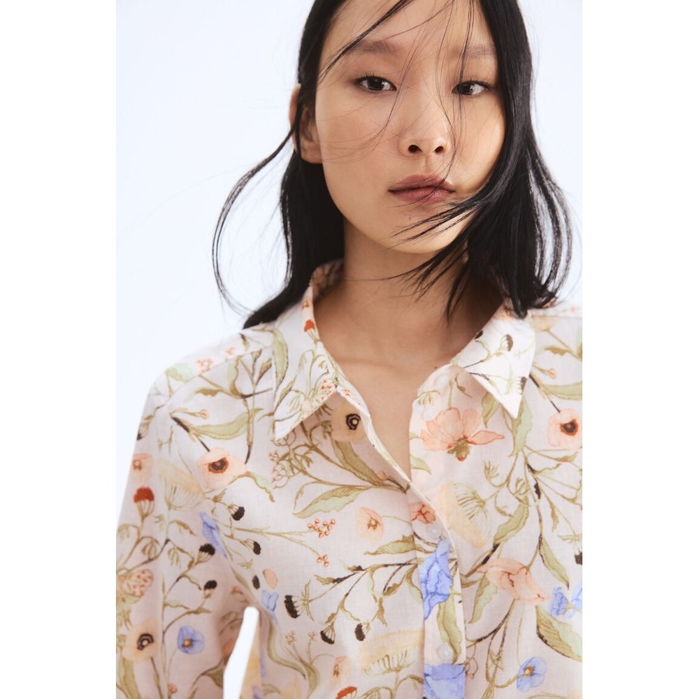 H&M Premium Selection Linen Blend Floral Botanical Button Down Shirt XS Cottage